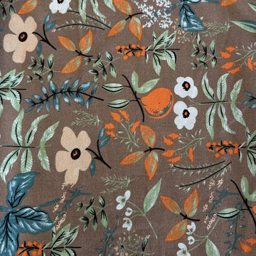 Floral linen fabric tan background botanical print