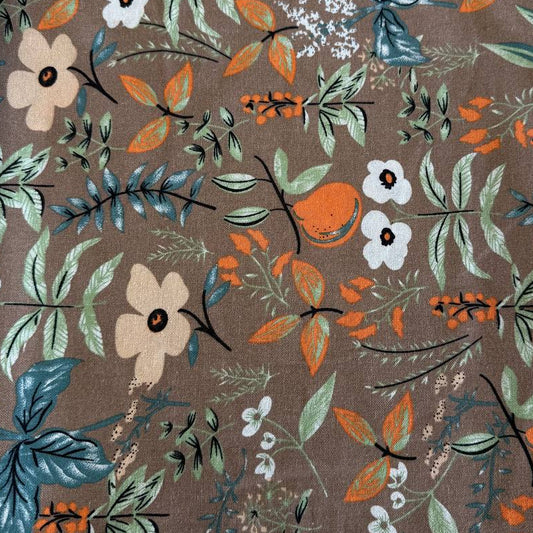 Floral linen fabric tan background botanical print