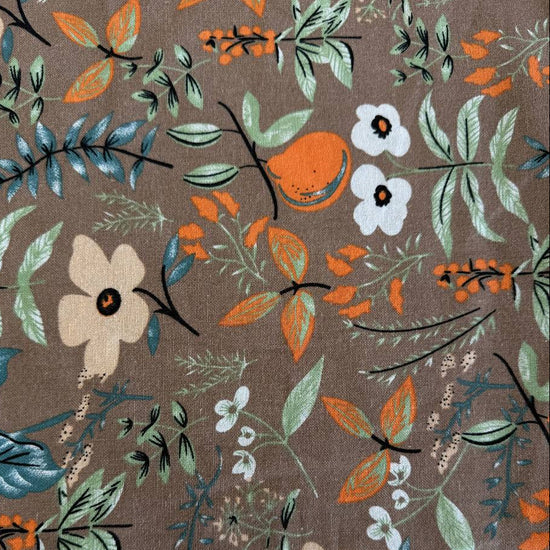 Floral linen fabric tan background botanical print