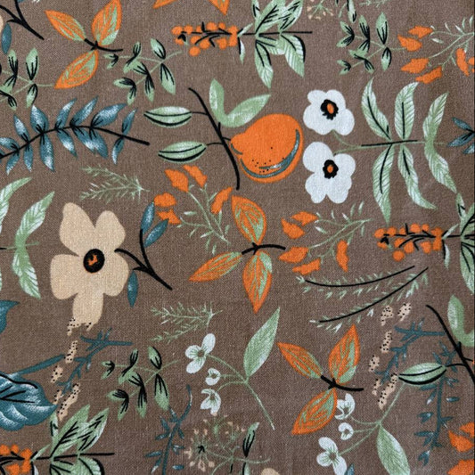 Floral linen fabric tan background botanical print