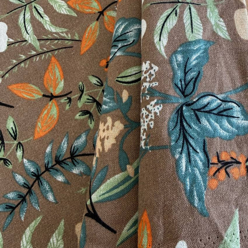 Floral linen fabric tan background botanical print