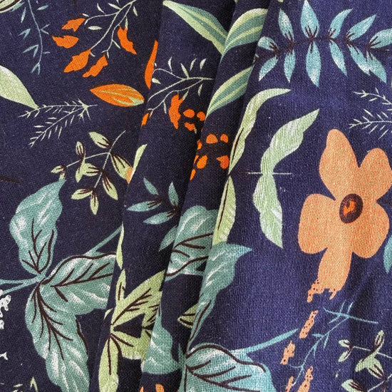 Floral linen fabric navy background botanical print