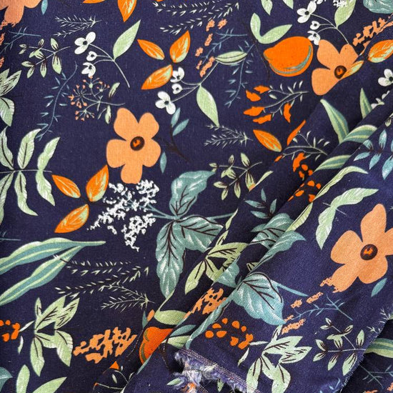 Floral linen fabric navy background botanical print