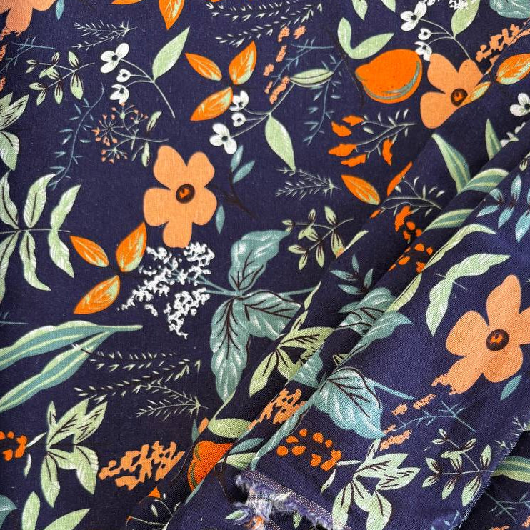 Floral linen fabric navy background botanical print