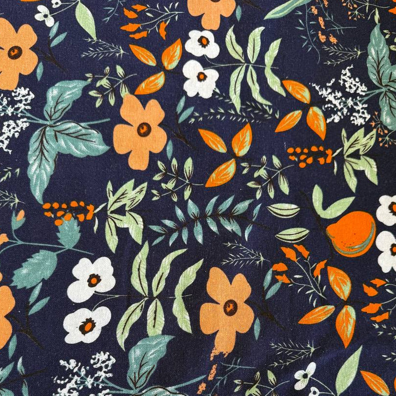 Floral linen fabric navy background botanical print
