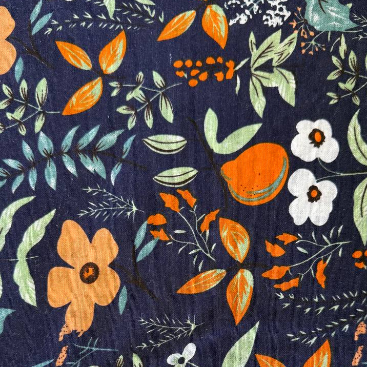 Floral linen fabric navy background botanical print