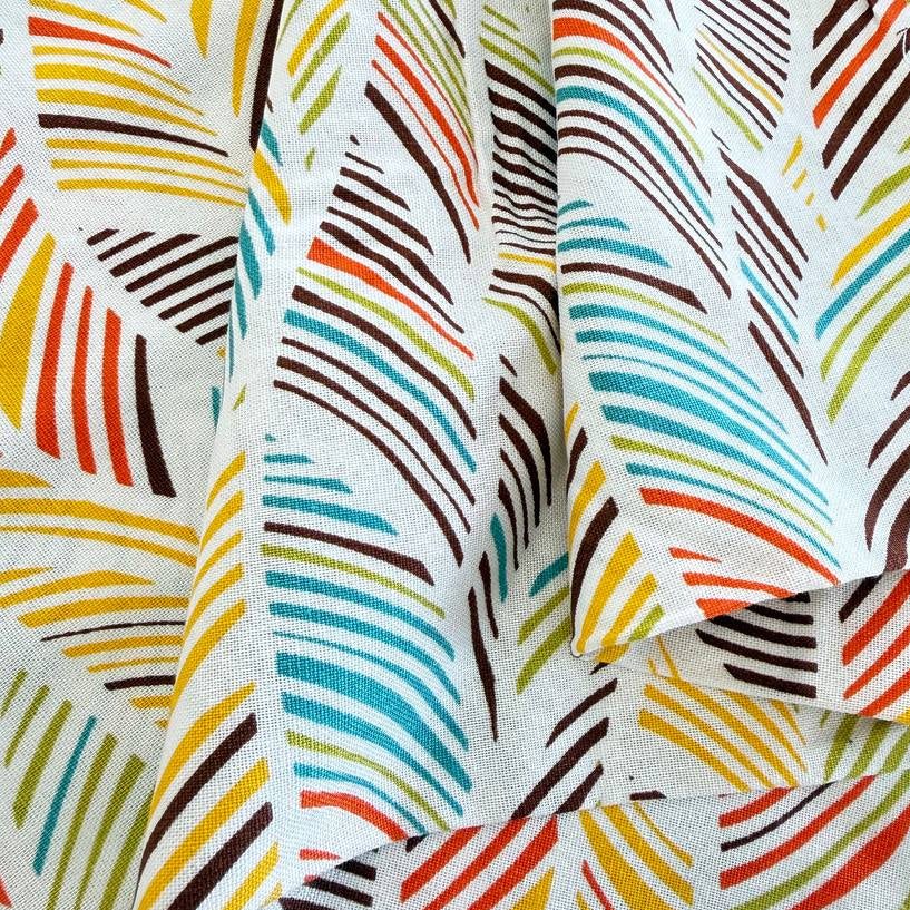 Palm print fabric in brown multi tones on linen rayon blend