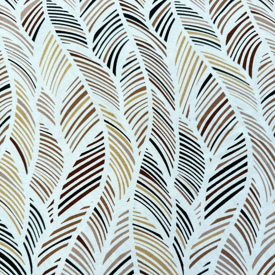 Palm print fabric in brown multi tones on linen rayon blend