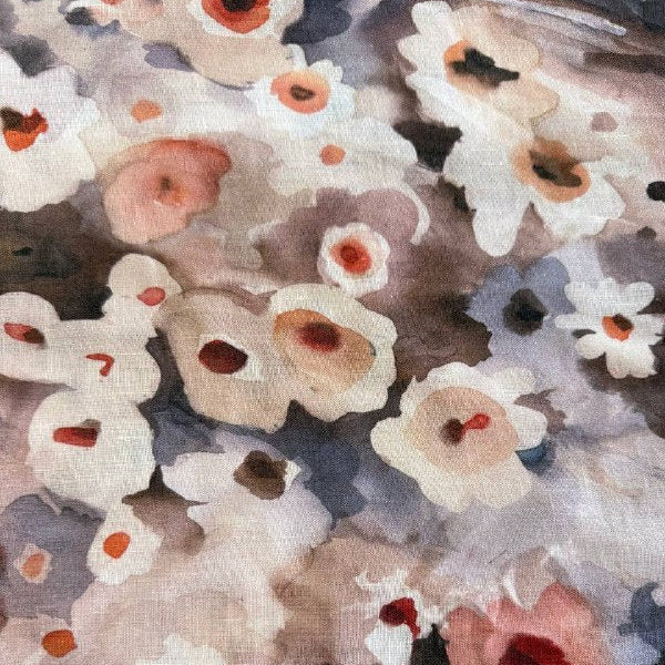 Digital linen fabric with taupe floral abstract print in neutral tones