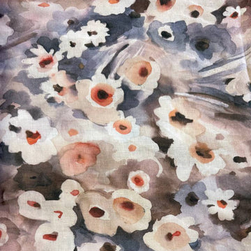 Digital linen fabric with taupe floral abstract print in neutral tones