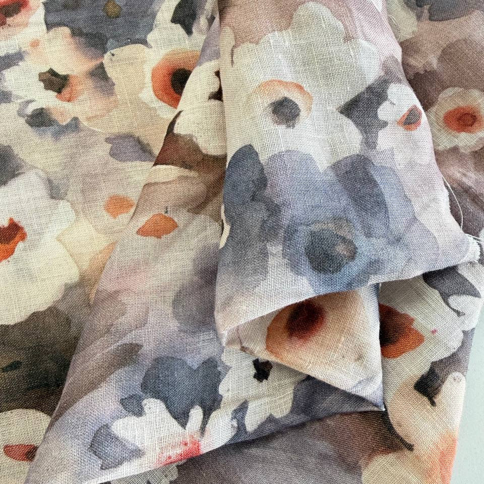 Digital linen fabric with taupe floral abstract print in neutral tones