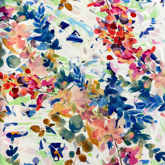 Telio blue multi floral rayon linen slub fabric with painterly print