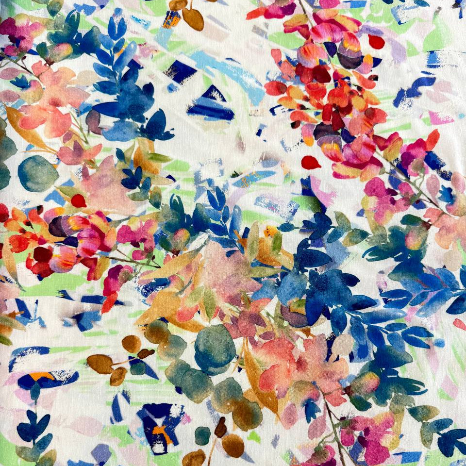 Telio blue multi floral rayon linen slub fabric with painterly print