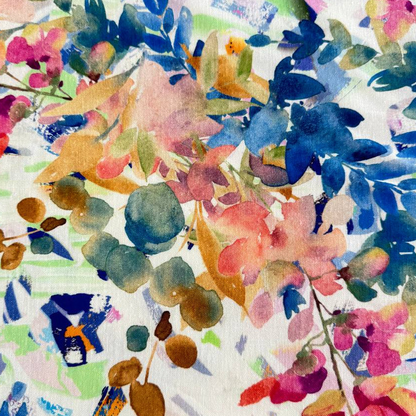 Telio blue multi floral rayon linen slub fabric with painterly print