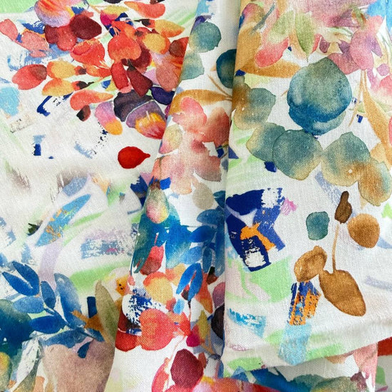 Telio blue multi floral rayon linen slub fabric with painterly print