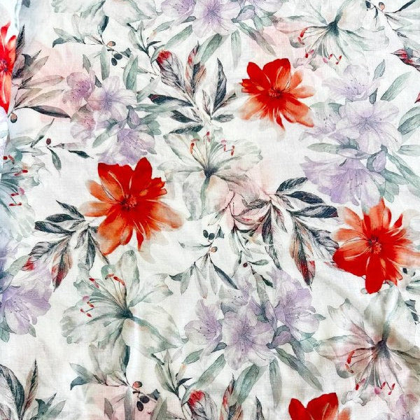 Telio lilac red floral ramie fabric with soft watercolor print