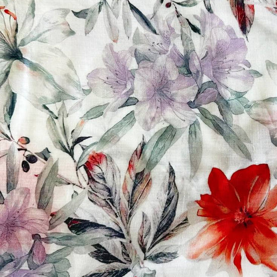 Telio lilac red floral ramie fabric with soft watercolor print