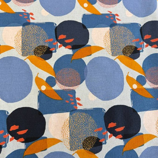 Blue abstract linen fabric with modern geometric pattern