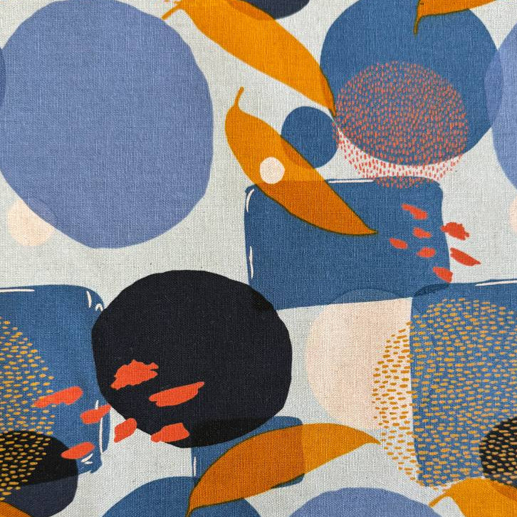 Blue abstract linen fabric with modern geometric pattern