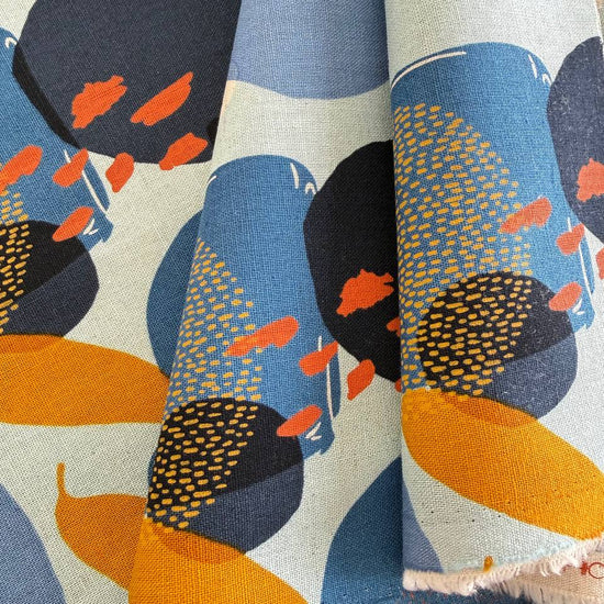 Blue abstract linen fabric with modern geometric pattern