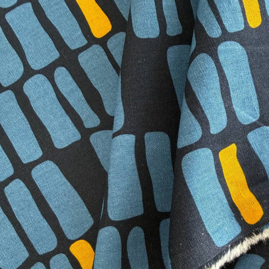 Zen Chic Urban Whisper Mochi Linen geometric fabric in blue navy and ivory grey colourways