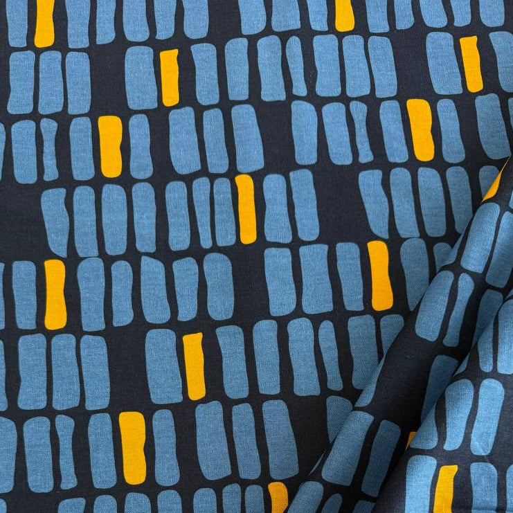 Zen Chic Urban Whisper Mochi Linen geometric fabric in blue navy and ivory grey colourways