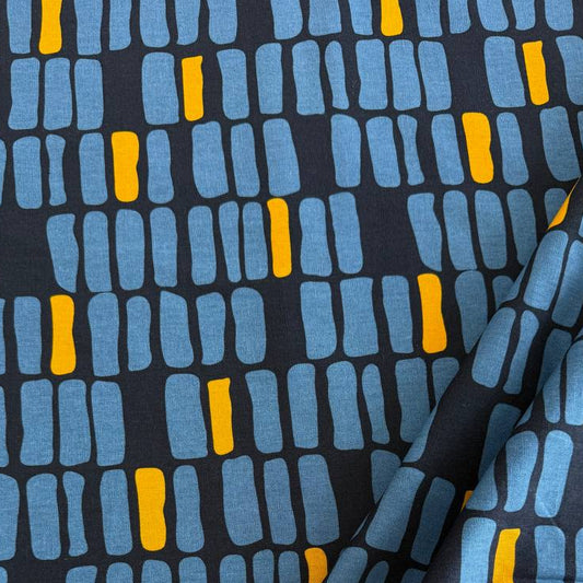 Zen Chic Urban Whisper Mochi Linen geometric fabric in blue navy and ivory grey colourways