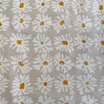 Beige linen fabric with white floral print and mustard accents by Moda Urban Whisper Zen Chic