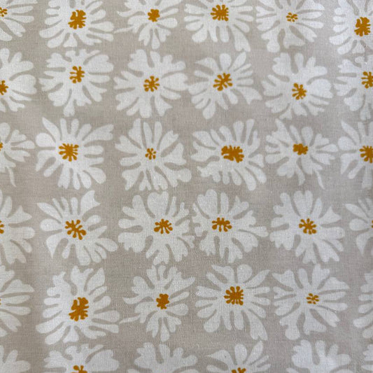 Beige linen fabric with white floral print and mustard accents by Moda Urban Whisper Zen Chic