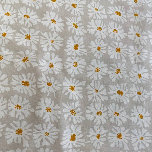 Beige linen fabric with white floral print and mustard accents by Moda Urban Whisper Zen Chic