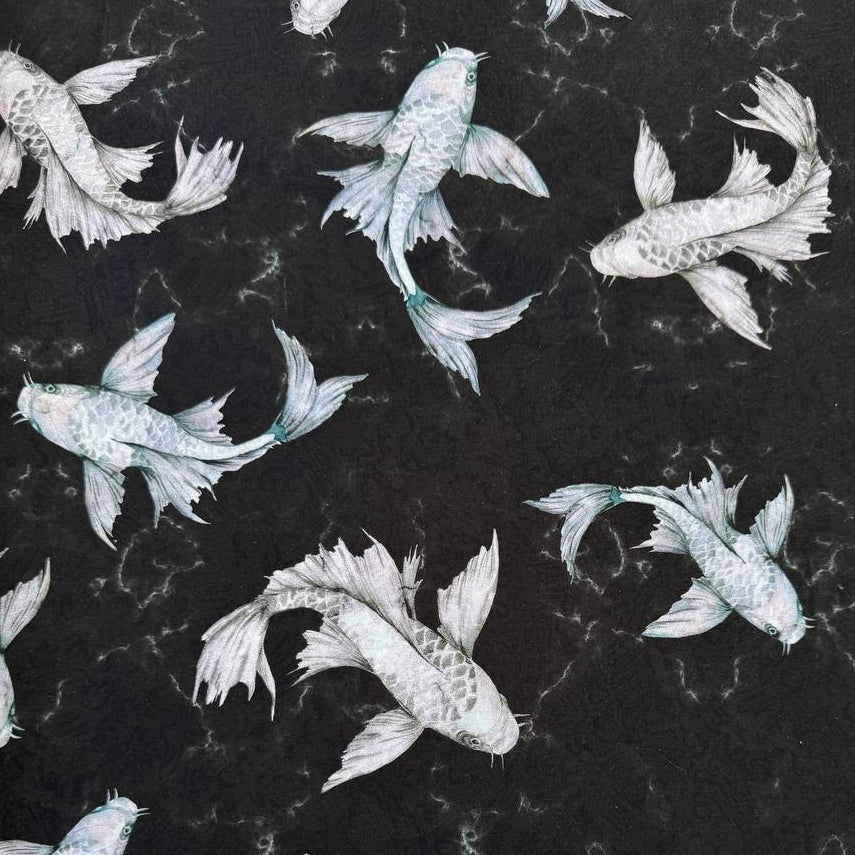 Stof Fabrics koi fish cotton fabric black background