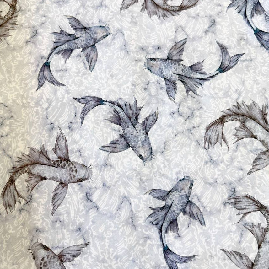Stof Fabrics koi fish cotton fabric grey background