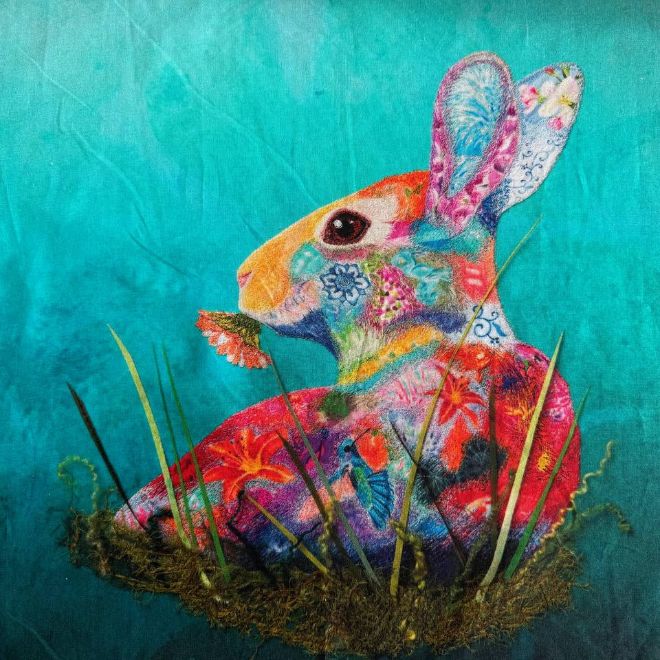 Painted rabbit cotton fabric panel in teal and multicolor tones