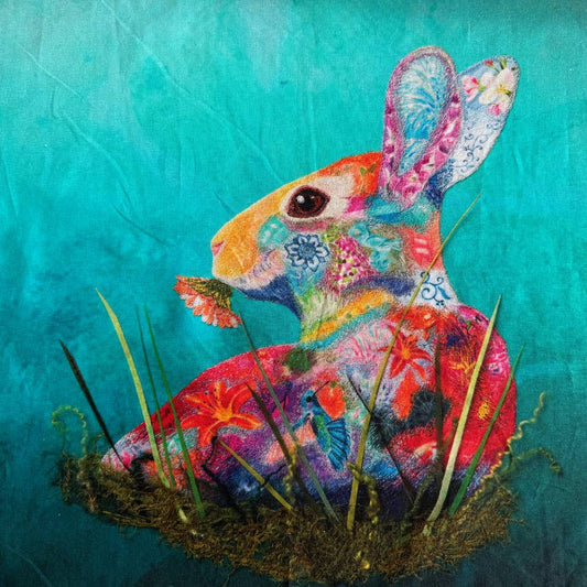 Painted rabbit cotton fabric panel in teal and multicolor tones
