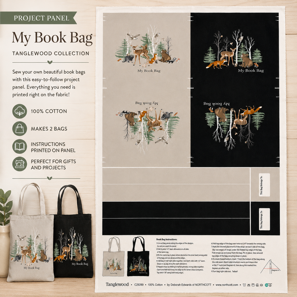 Tanglewood Black Multi bag project panel by Northcott, 100% cotton canvas, 120 × 60 cm, woodland design for sewing bags and totes.