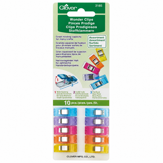 Clover Wonder Clips assortment pack with 10 colorful fabric clips for quilting, sewing, binding, and craft projects