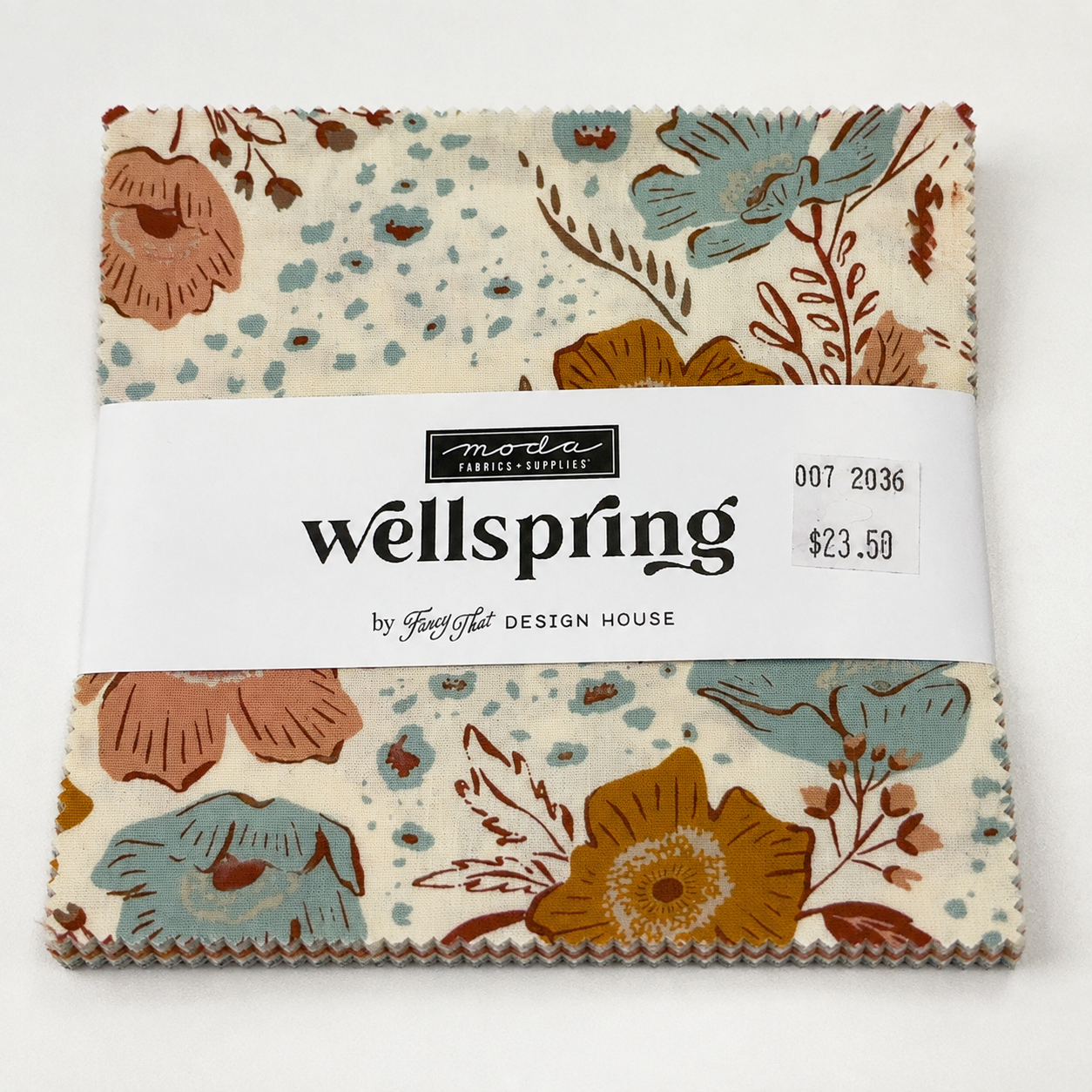 Wellspring Charm Pack by Fancy That Design House for Moda Fabrics featuring 42 coordinating 5-inch 100% cotton fabric squares with floral and nature-inspired prints.