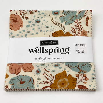 Wellspring Charm Pack by Fancy That Design House for Moda Fabrics featuring 42 coordinating 5-inch 100% cotton fabric squares with floral and nature-inspired prints.