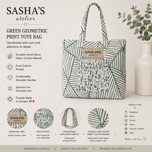 Handmade green and white geometric tote bag with front pocket and Sasha’s Atelier label, made in Canada.