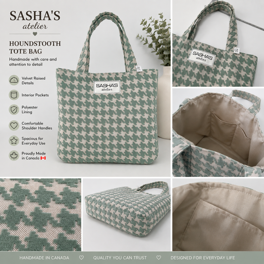 Green Houndstooth Tote Bag — Handmade in Canada