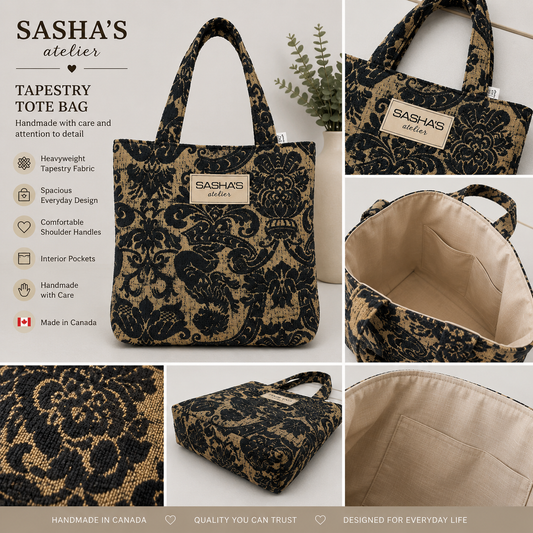 Black & Beige Tapestry Tote Bag – Handmade in Canada
