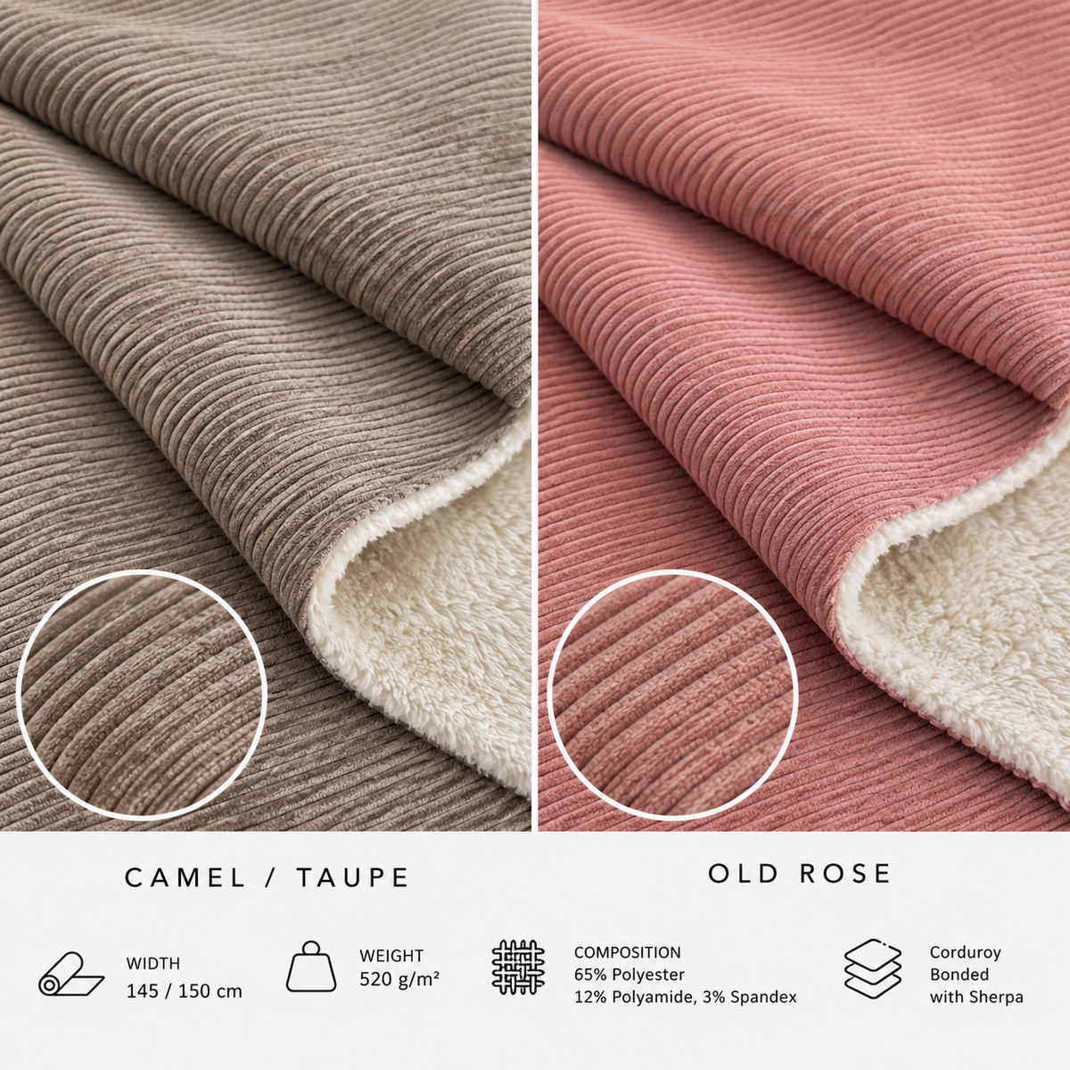 Washed corduroy bonded sherpa fabric in Camel Taupe and Old Rose with soft plush backing