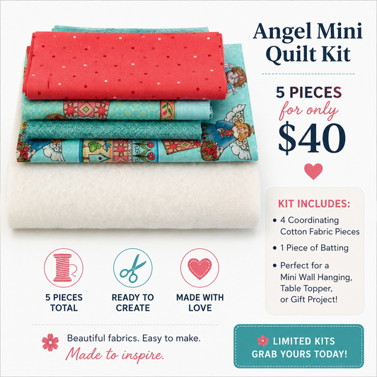 Angel Mini Quilt Kit featuring coordinating turquoise, teal and coral quilting fabrics with batting included. Perfect for a mini quilt or wall hanging project.