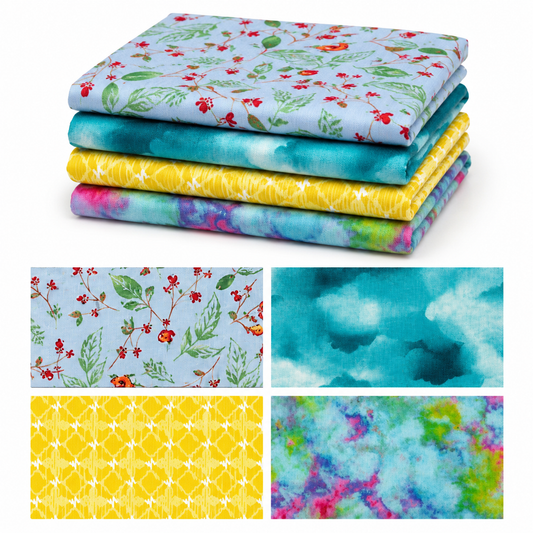 Four-piece fat quarter fabric bundle featuring floral, turquoise watercolor, yellow geometric, and pastel multicolour cotton quilting fabrics.