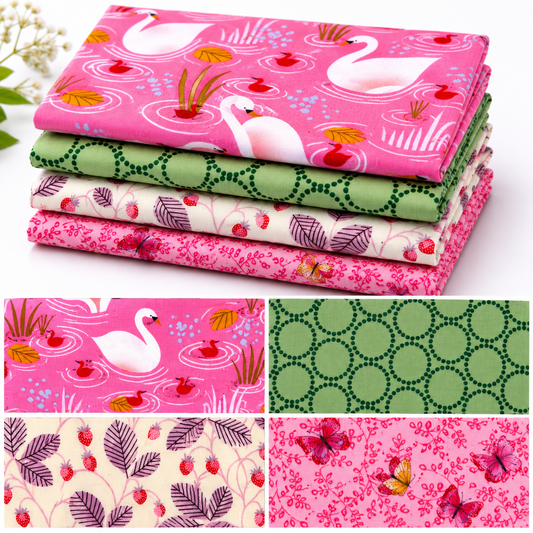 Four-piece fat quarter quilting cotton bundle featuring pink swans, green geometric circles, strawberry vines, and butterfly floral prints in coordinating pink and green tones.