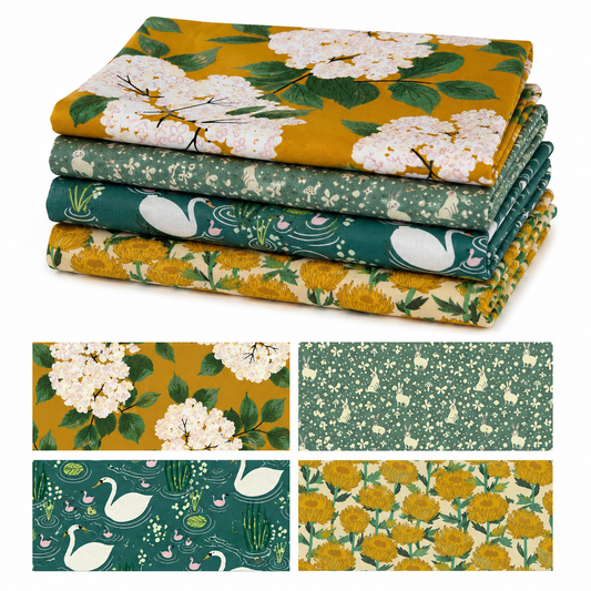 Four-piece fat quarter cotton fabric bundle featuring mustard hydrangeas, sage woodland rabbits, teal swans on a pond, and golden wildflowers in coordinating nature-inspired colours.