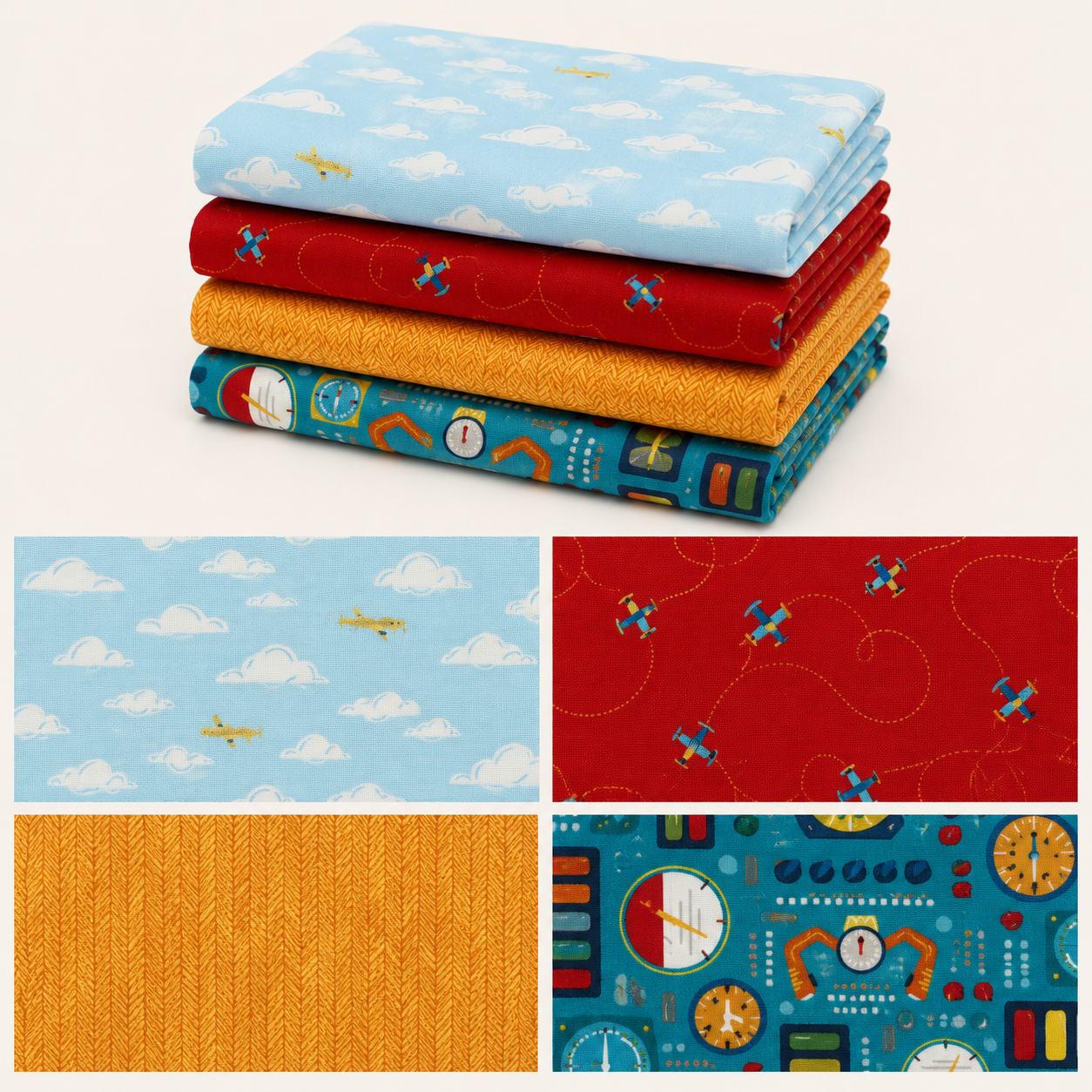 Fat Quarter 4 Pack Aviation Adventures featuring golden mustard herringbone quilting cotton. Includes four coordinating 100% premium cotton fat quarters, perfect for quilting, sewing, patchwork, and craft projects.