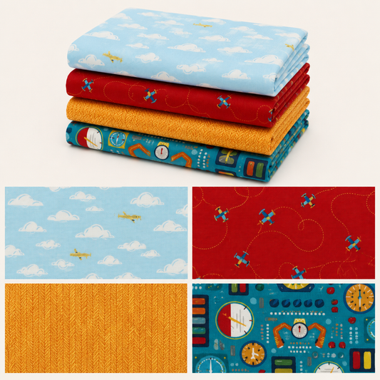 Fat Quarter 4 Pack Aviation Adventures featuring golden mustard herringbone quilting cotton. Includes four coordinating 100% premium cotton fat quarters, perfect for quilting, sewing, patchwork, and craft projects.