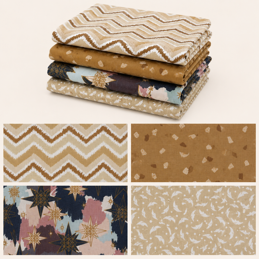 Fat Quarter 4 Pack featuring coordinating premium quilting cotton fabrics with neutral chevron, botanical, terrazzo, and celestial star prints in beige, camel, navy, blush, and cream tones. Perfect for quilting, patchwork, sewing, and handmade projects.