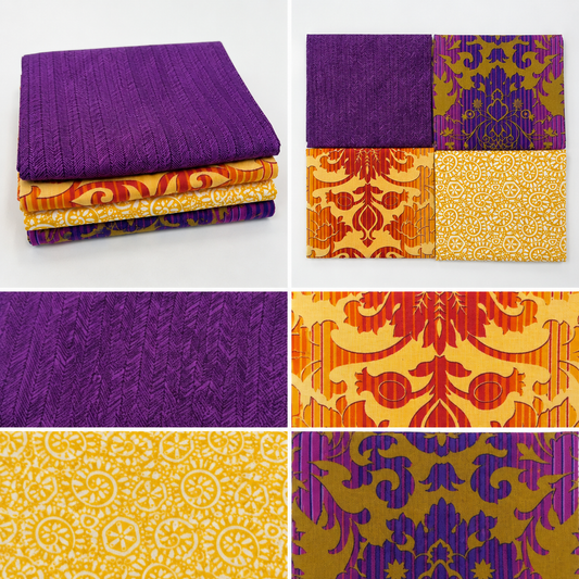 Fat Quarter 4 Pack featuring premium quilting cotton fabrics in rich purple, gold, and mustard tones with chevron, floral, ornamental, and geometric prints. Perfect for quilting, patchwork, sewing, and home décor projects.